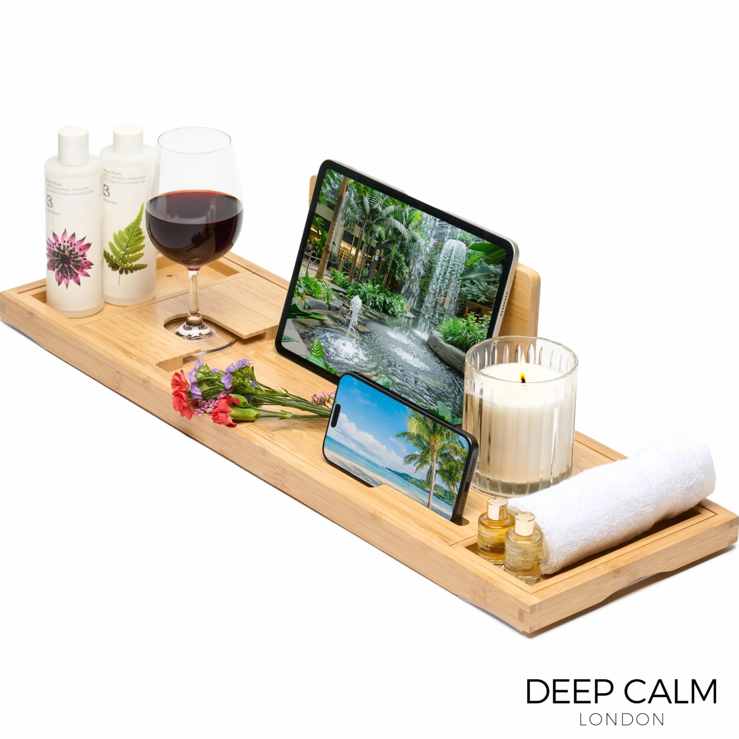 Baignoire Plateau Bambou Antidérapant pour Bain avec Support iPad Téléphone