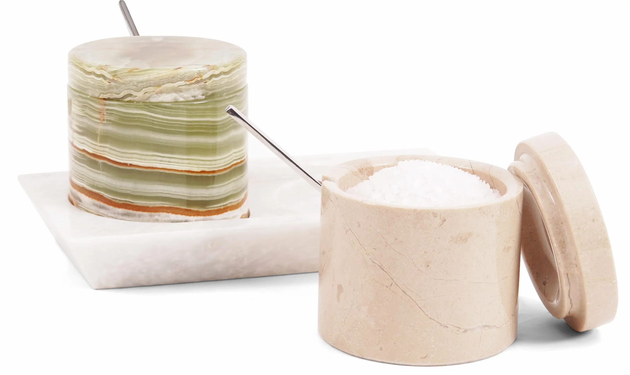 Lot de 2 pots à sel en marbre avec couvercle et plateau 7,6 cm, salière et sucrier de table pour cuisine
