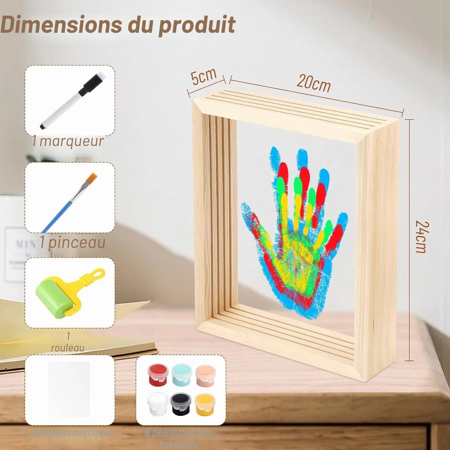 Kit d'Empreintes de Mains Familiales avec Cadre en Bois, 4 Empreintes, 6 Couleurs de Pigments, pour Bébé