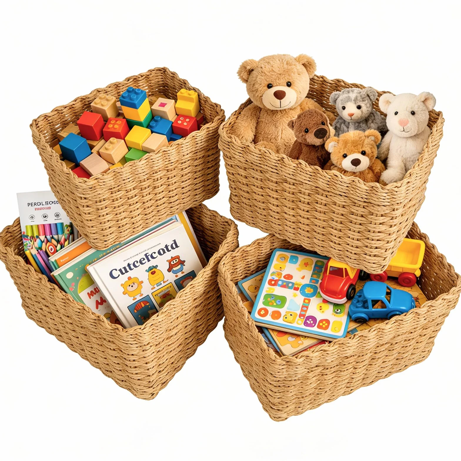 Lot de 4 Paniers de Rangement Tressés Empilables pour Jouets, CD, Cosmétique