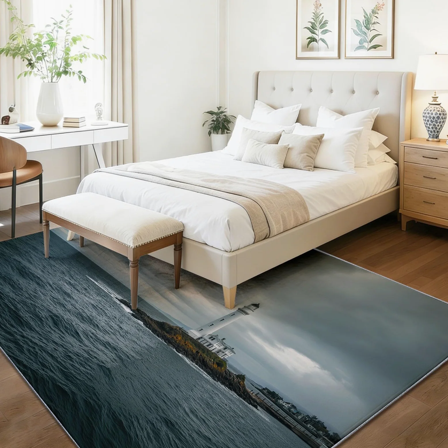 Époque Moderne Phare Mer Tapis Doux à Poils Ras, Gris 80 x 150 cm Lavable en Machine Antidérapant Tapis pour Salon Chambre Cuisine Chaise Enfants Chambre
