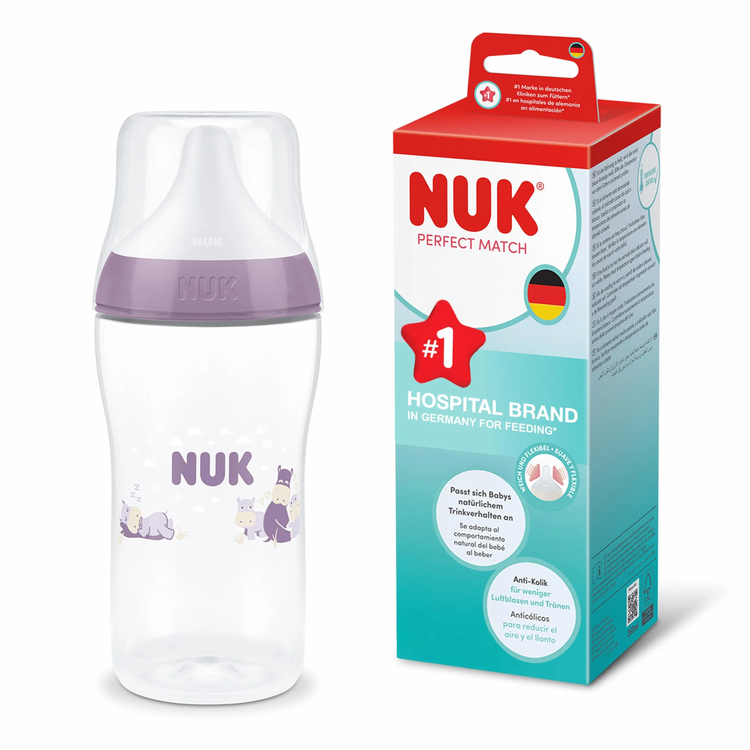 NUK Perfect Match Biberon 260 ml 3+ mois Anti-coliques PP Indicateur de température Hippopotame Lot de 1