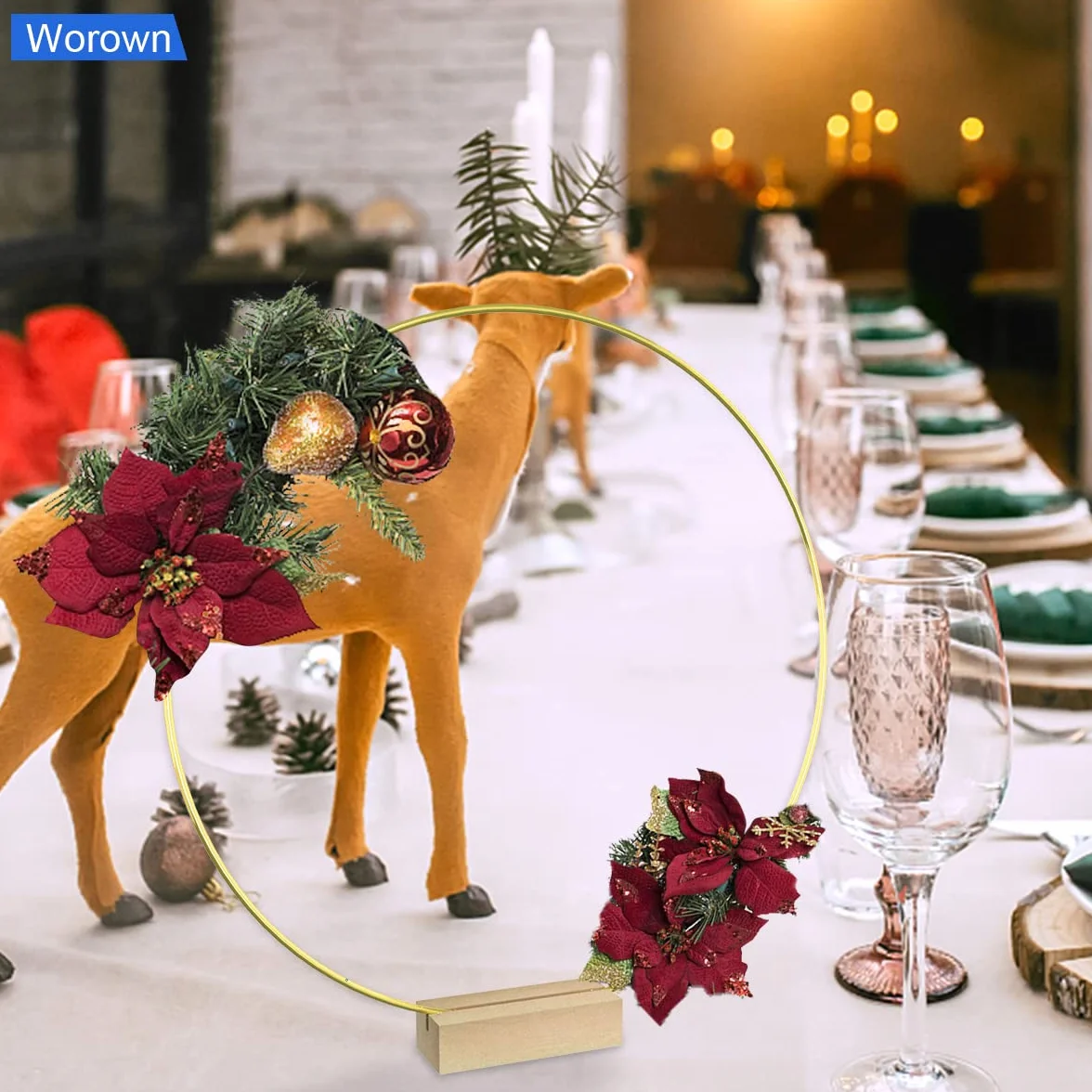 Lot de 6 centres de table en métal 20 cm avec support en bois, anneaux dorés pour décorations de mariage