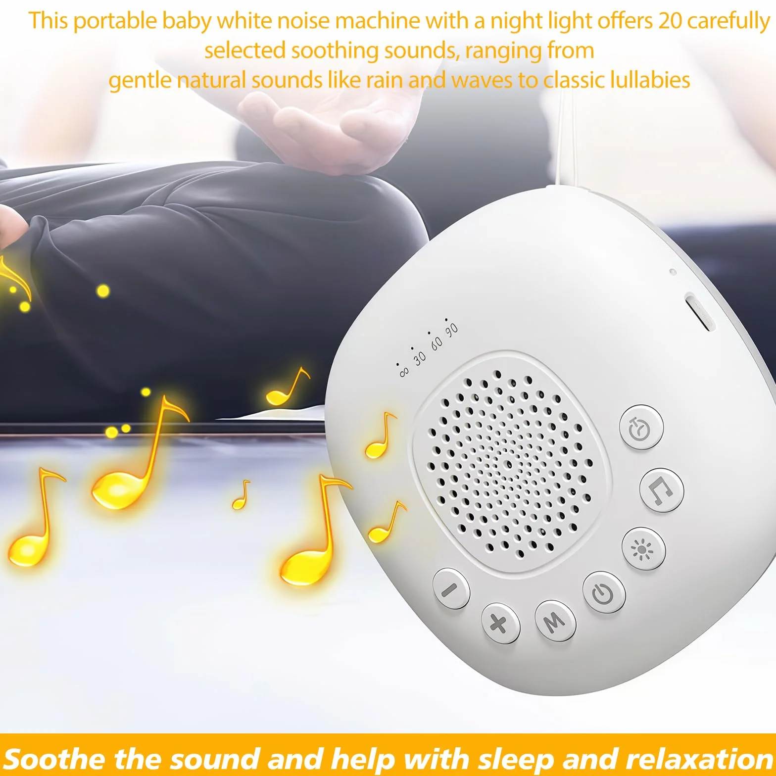 Machine à bruit blanc portable pour bébé avec veilleuse, 20 sons apaisants, rechargeable USB