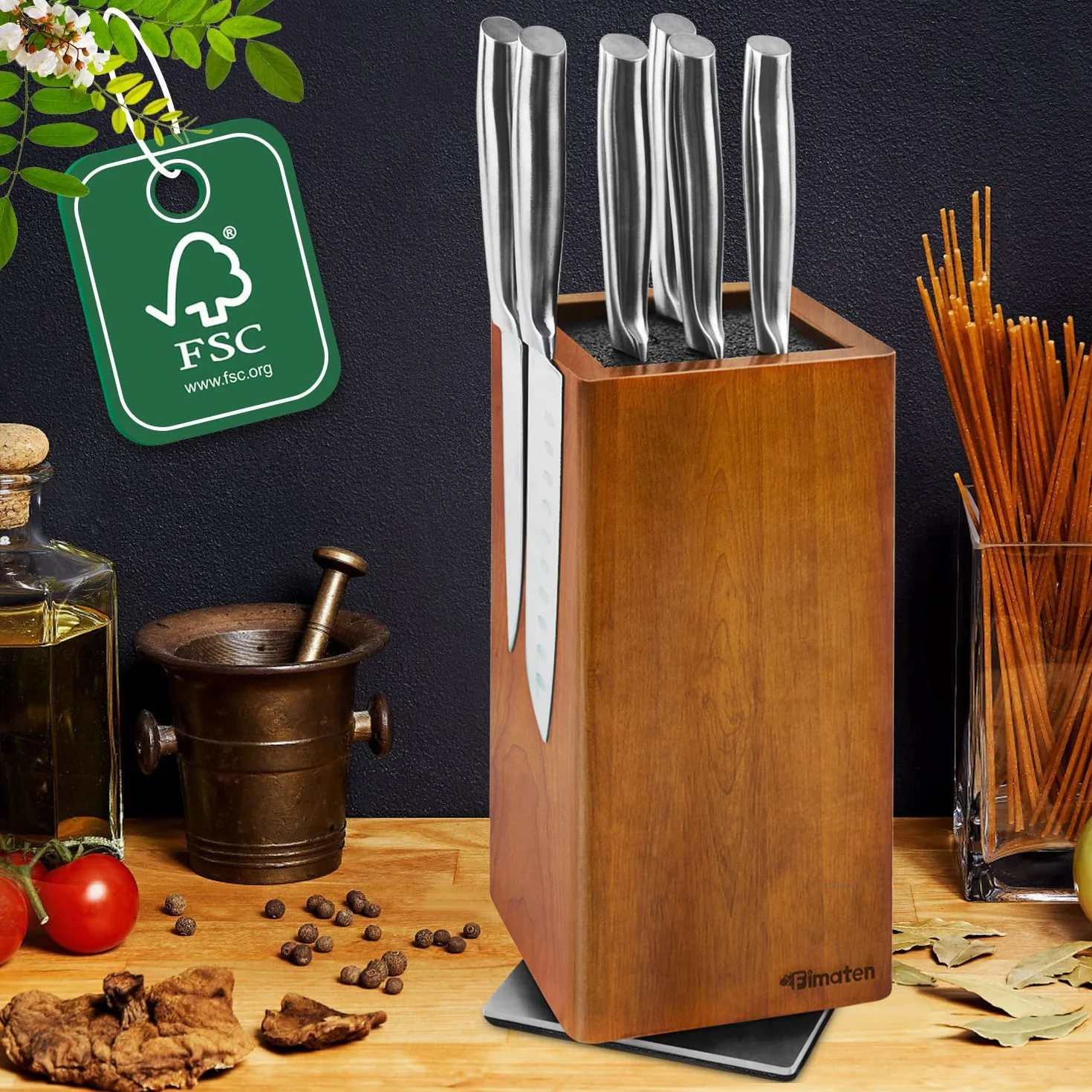 Bloc couteau magnétique en bois d'acacia pivotant 360°, universel, 25x11,5cm