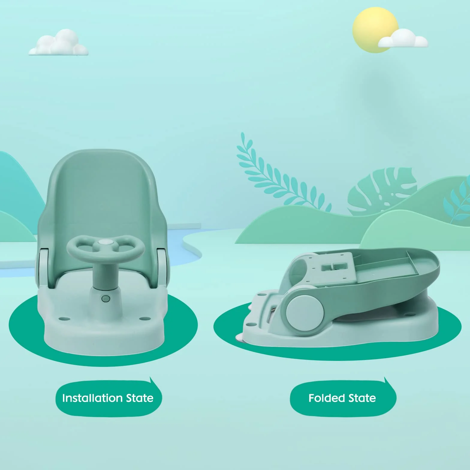 Siège de bain bébé dossier réglable pliable ventouse puissante portable vert 6 mois+