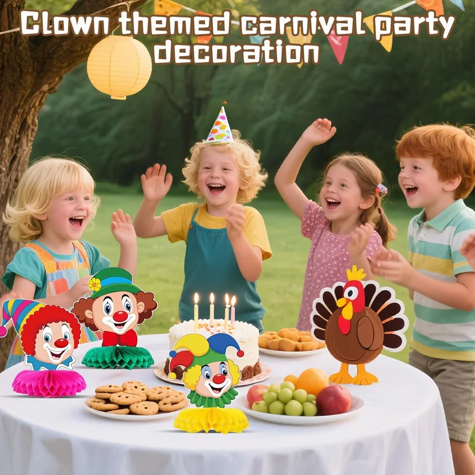 Décoration de Carnaval Clown, 9 Pièces Décorations de Table Nid d'Abeille 3D, Cirque Animal, Anniversaire (6Pcs)