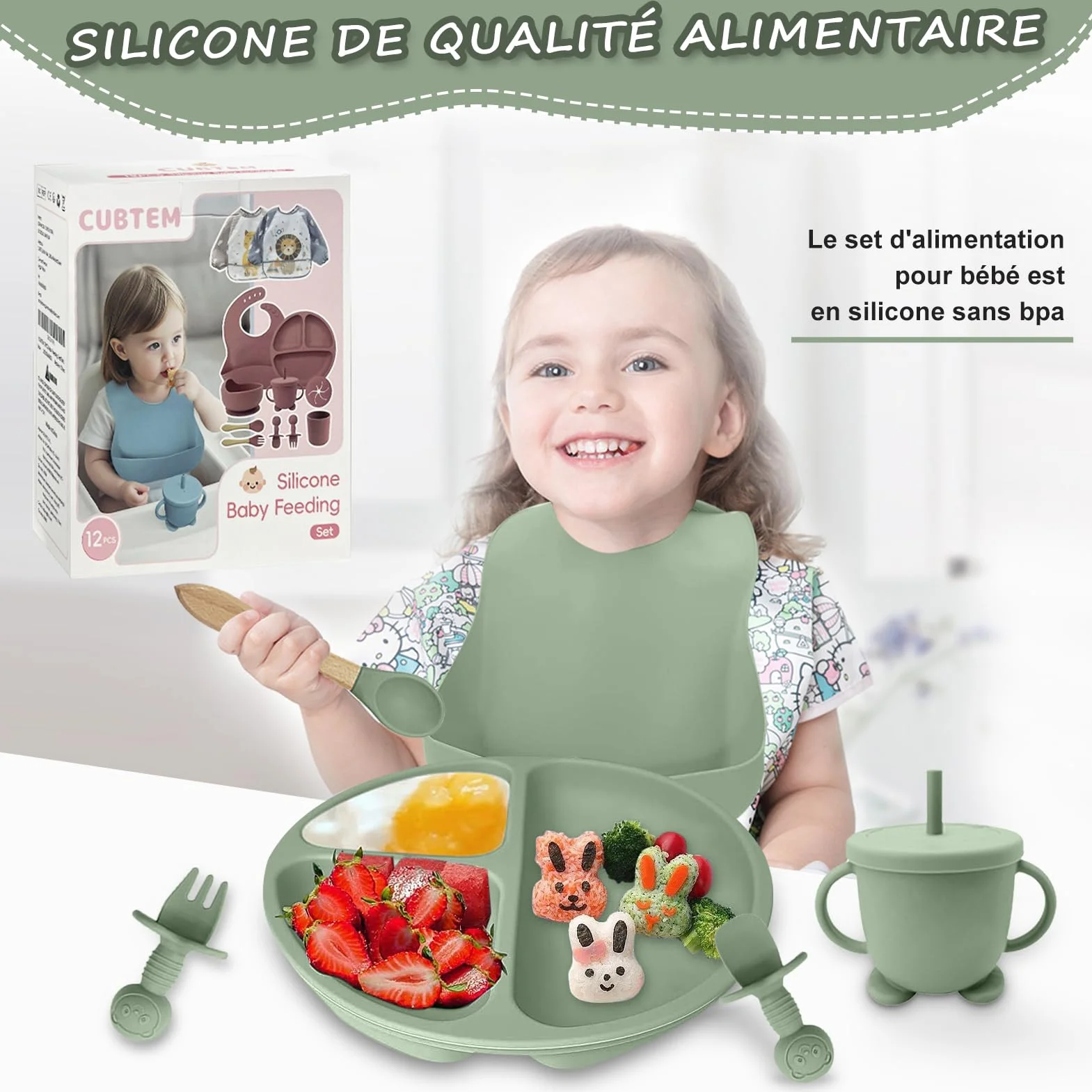 Assiette Bébé Lot de 12 Set Repas Bébé Bol Cuillère Bavoir Silicone Assiette Ventouse Enfant Set Couverts Vaisselle Sevrage