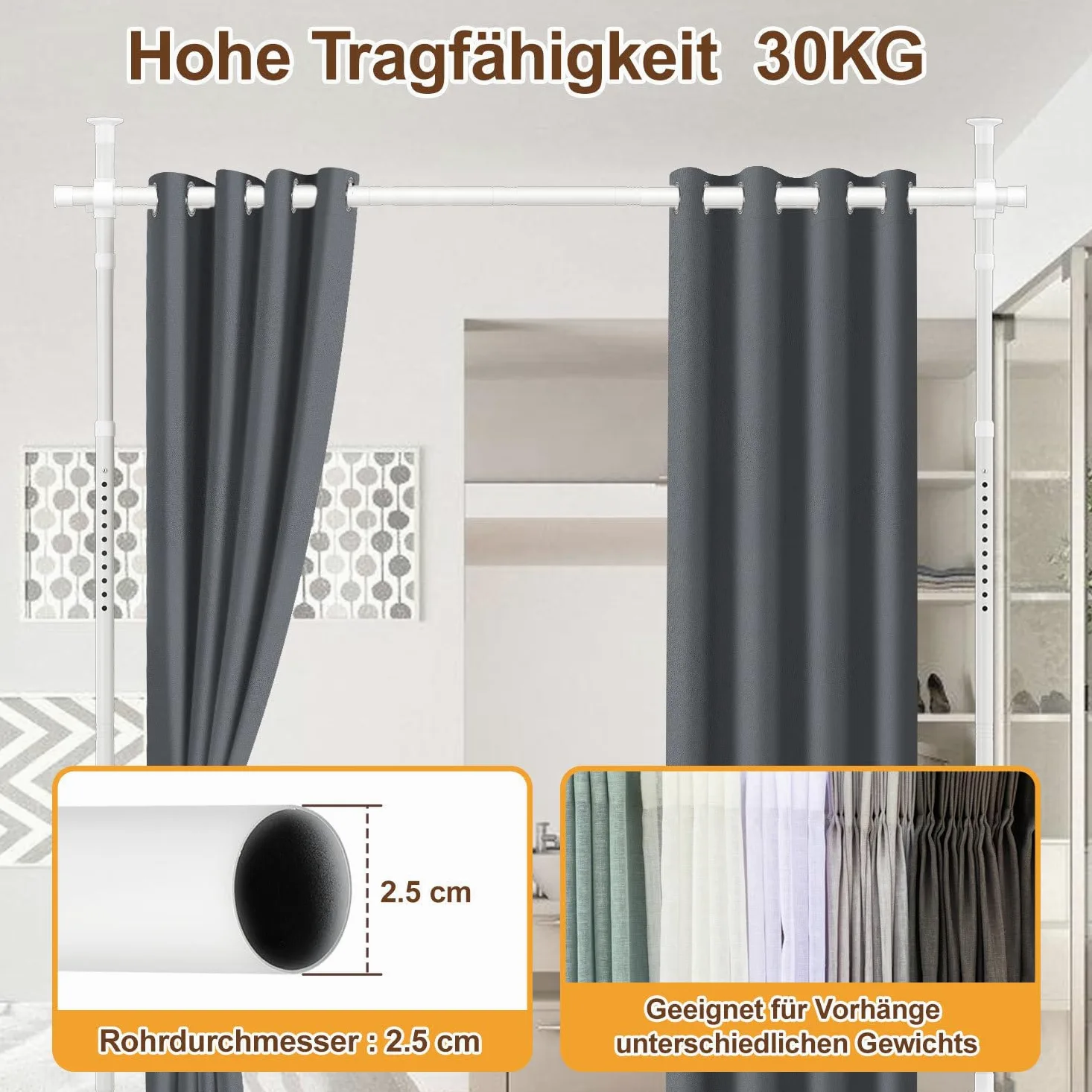 Paravent sans perçage - Tringle à rideaux autoportante réglable en hauteur et en largeur - Support de rideau comme séparateur d'intimité pour chambre à coucher, bureau, salon - Blanc