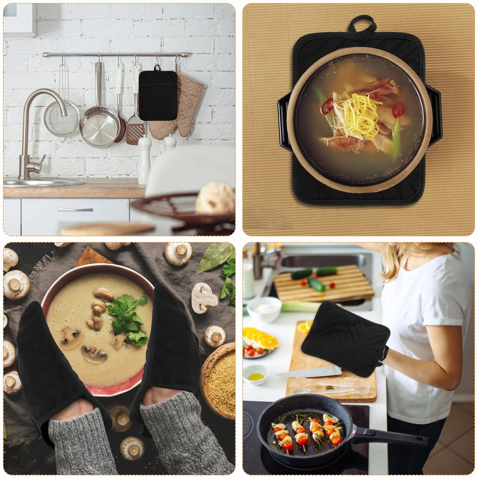 Sibba Maniques noires coton résistant chaleur dessous plat 17,8 x 22,9 cm grands sous-verres carrés cuisine pâtisserie