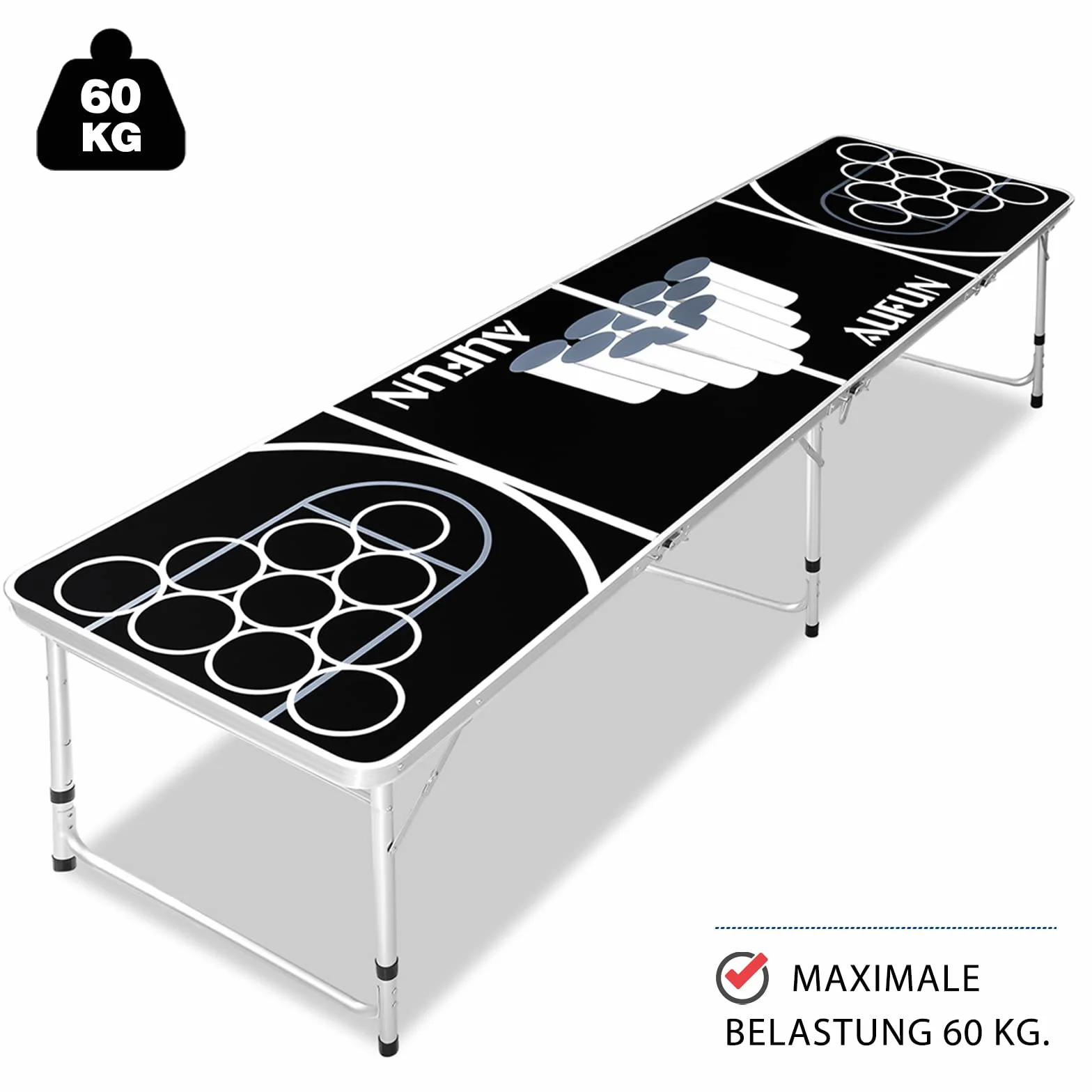 NAIZY Table Beer Pong Premium Réglable Hauteur Aluminium MDF 242x62cm Noir avec 100 Gobelets 5 Balles
