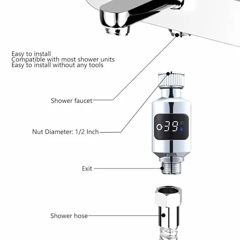 Thermomètre de Douche LED étanche en Acier Inoxydable 1/2 Pouce