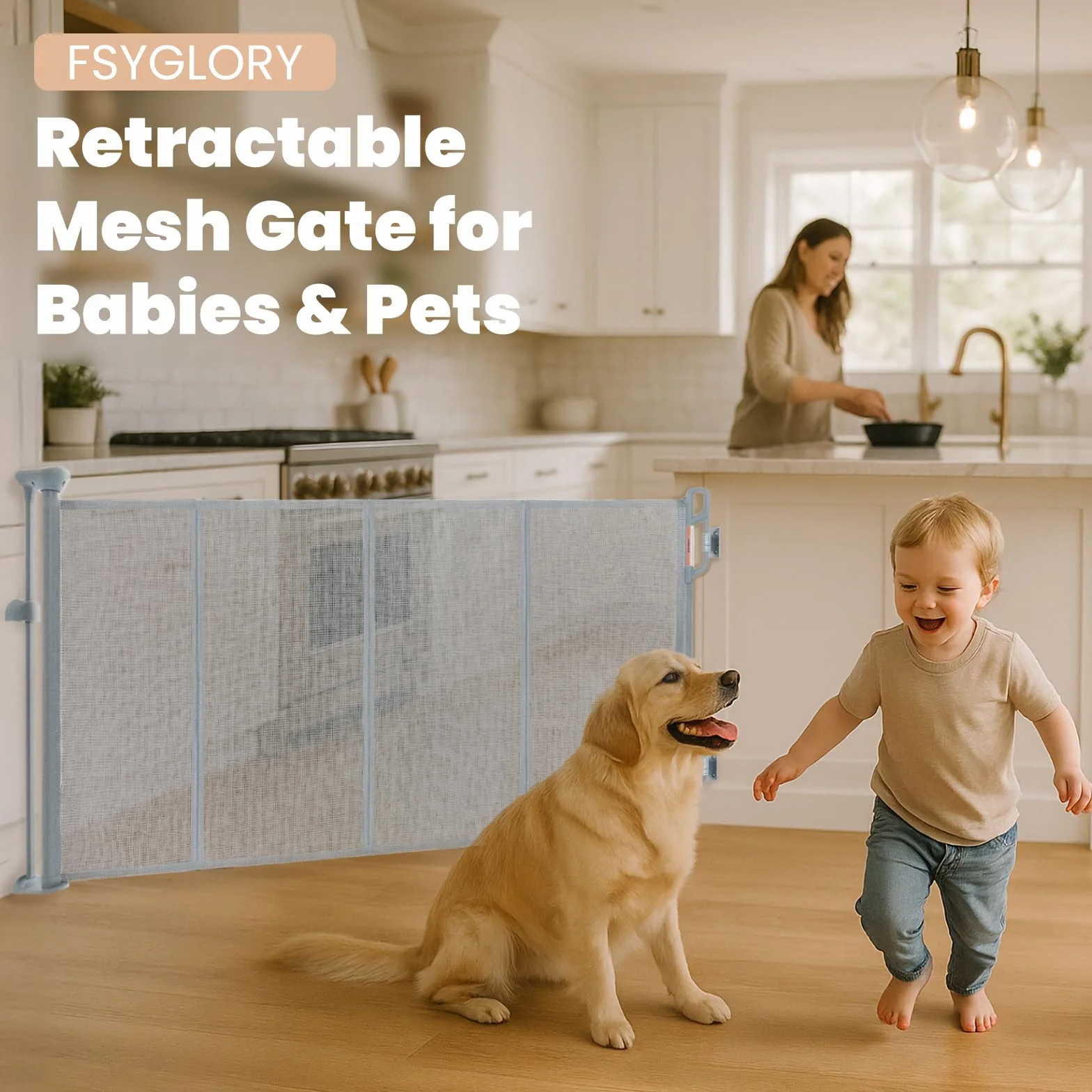 Porte de sécurité pour bébé rétractable en filet pour chien, 55" de large, gris