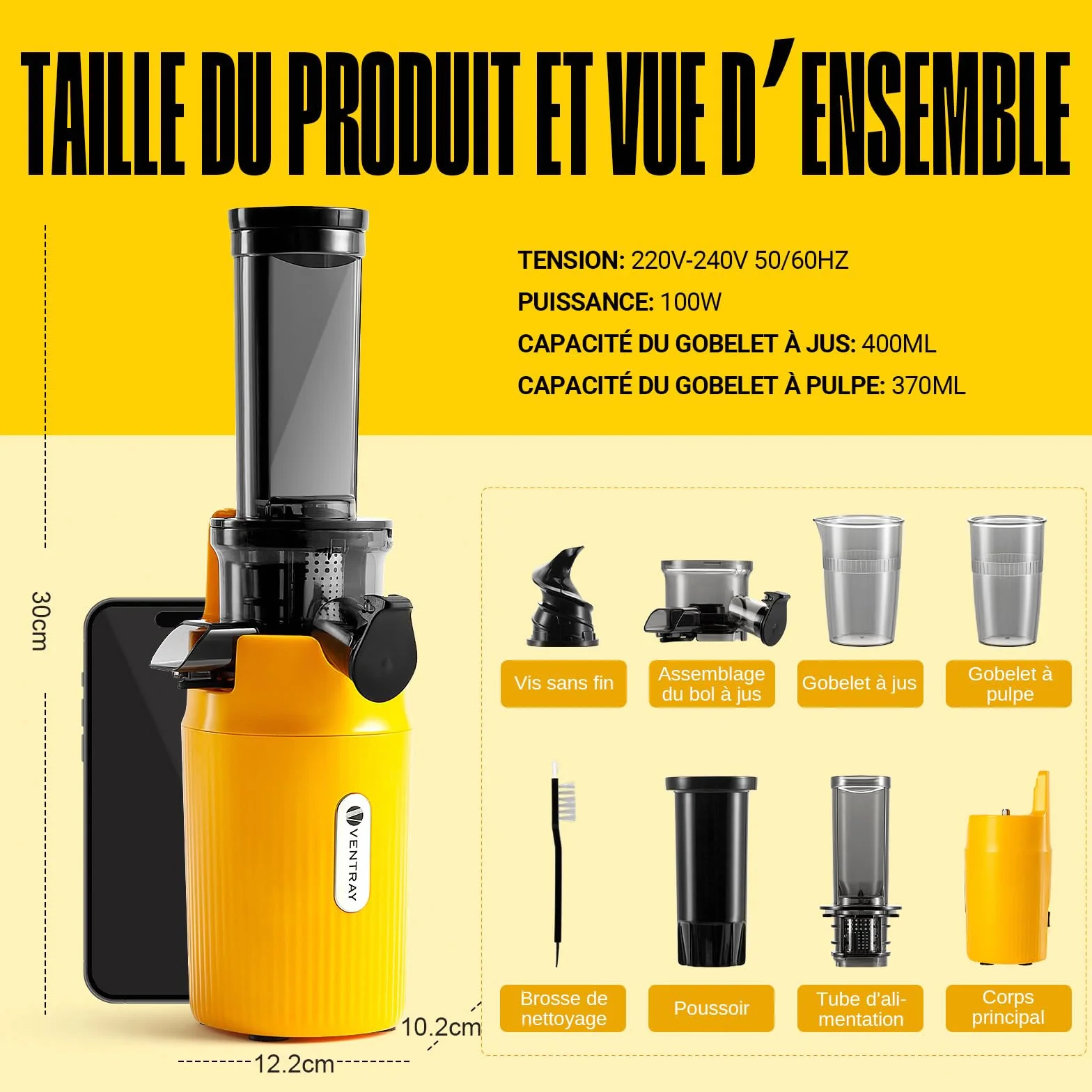 Ventray Extracteur de Jus Slow Juicer 60 Tours Presse à Froid Sans BPA Vert