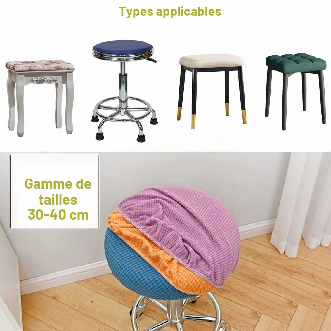 Housses de tabouret rondes Lot de 2, 30-40 cm, élastiques, lavables, blanches