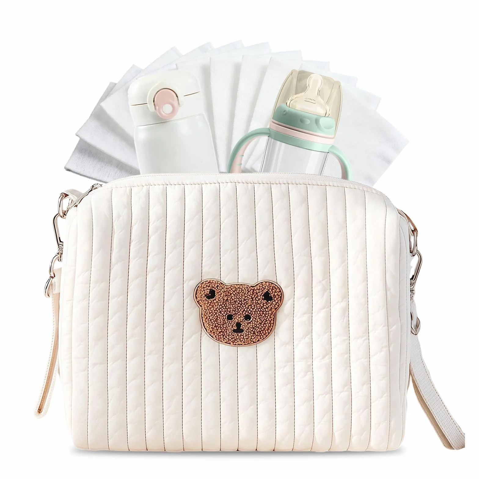 Sac à langer en coton organisateur universel pour poussette avec 2 sangles broderie ours