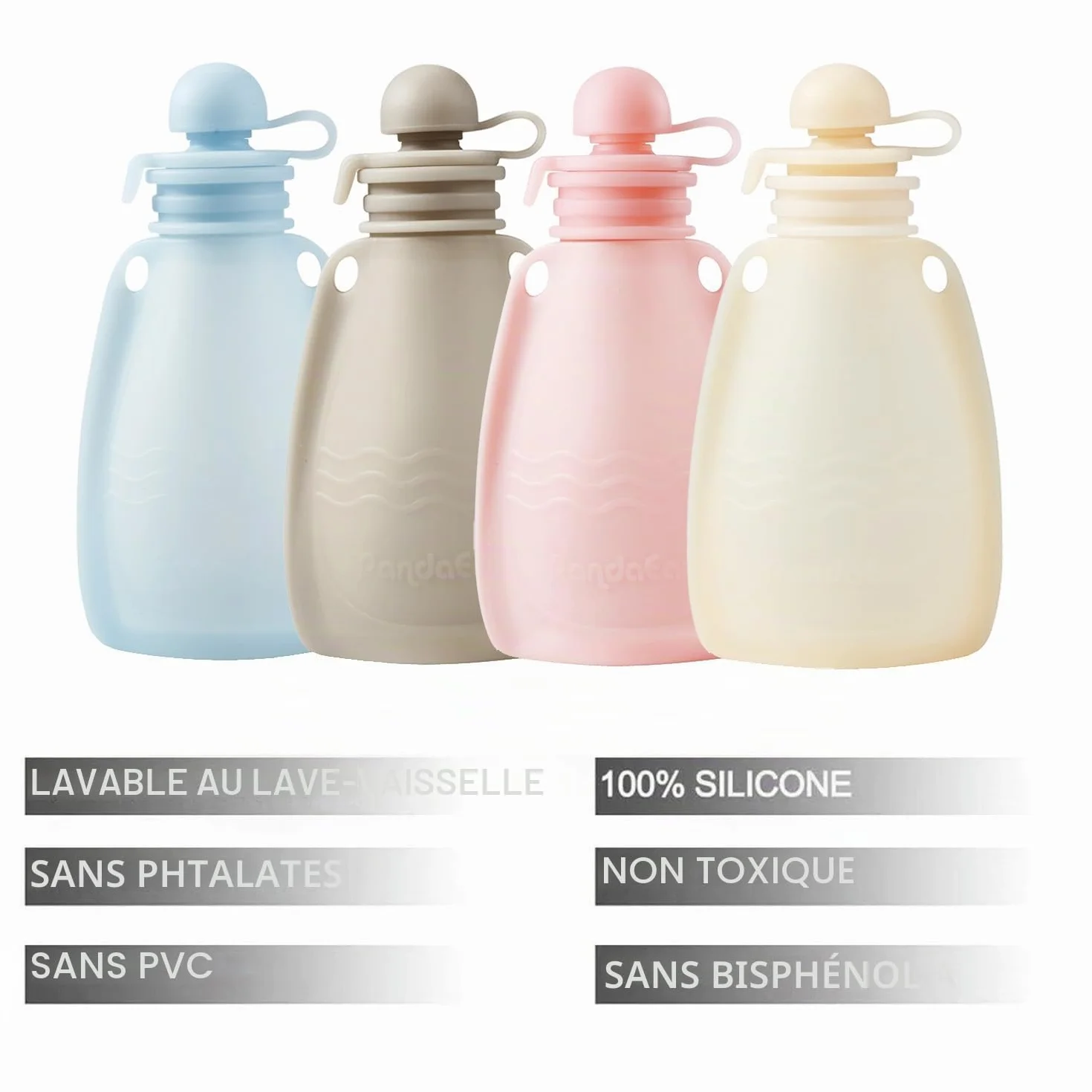 PandaEar Lot de 4 pochettes réutilisables en silicone pour aliments bébé 160 ml
