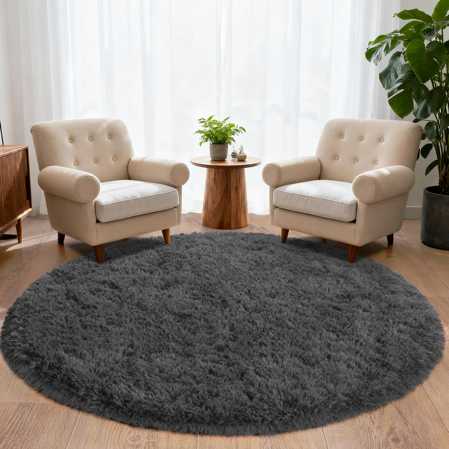 Tapis rond à poils longs pour chambre à coucher, salon, dortoir, gris foncé, blanc, 160 cm