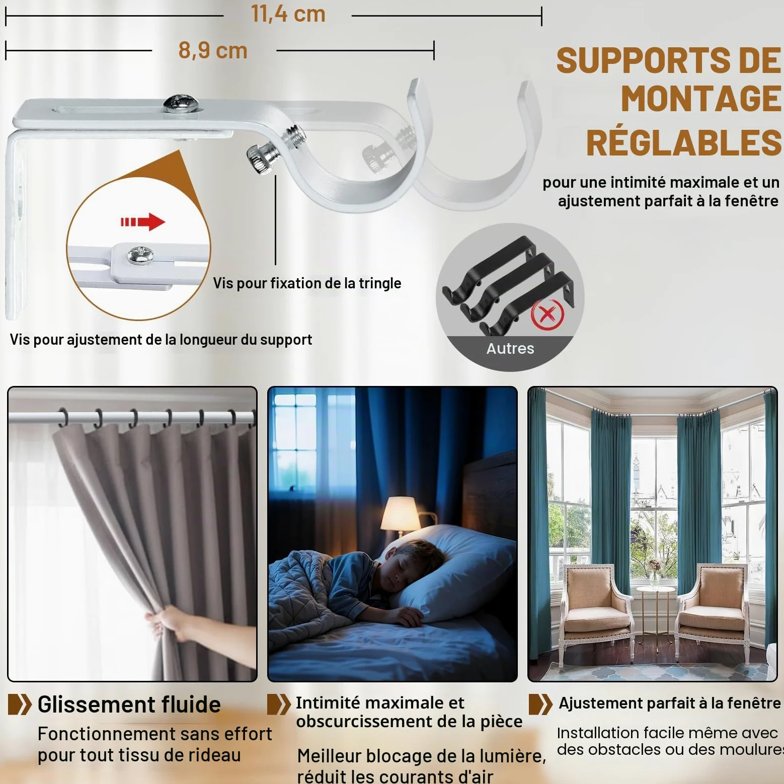 Tringle à rideaux d'angle réglable et robuste en forme de U avec supports pour fenêtres – 91,4 à 406,4 cm – Blanc