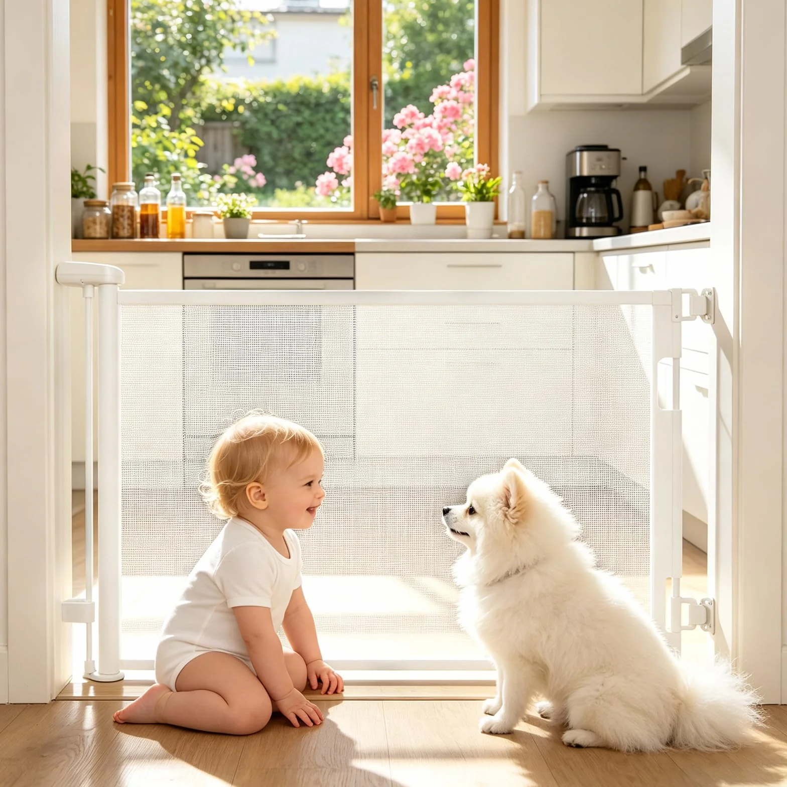 Barrière de Sécurité Rétractable pour Bébé 0-150 cm, Adaptée aux Escaliers, Couloirs, Intérieur et Extérieur (Blanc)