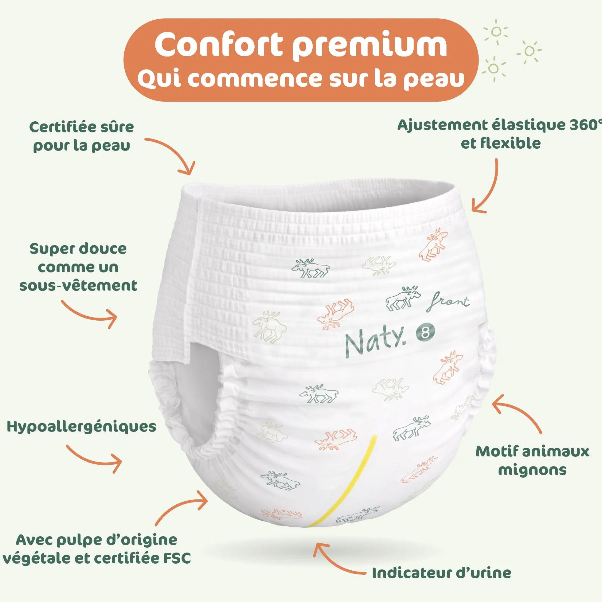 Naty FreeMovers Couches-Culottes Taille 8 (17+ kg) 60 Unités Anti-Fuites 12h Hypoallergéniques Peaux Sensibles