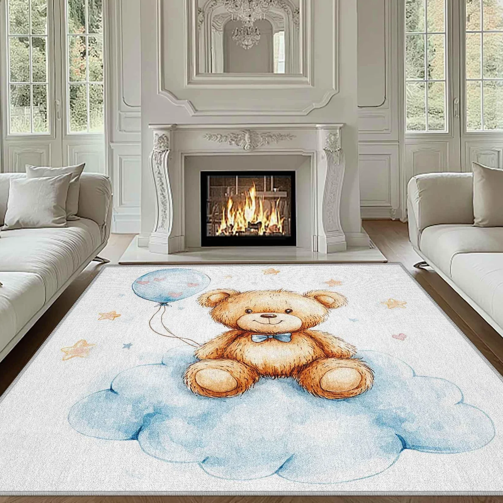 Tapis Ours en Peluche pour Chambre d'enfant, Motif Aquarelle, Ballons, étoiles et Nuages, antidérapant et Lavable pour Chambre de bébé (80 x 140 cm)