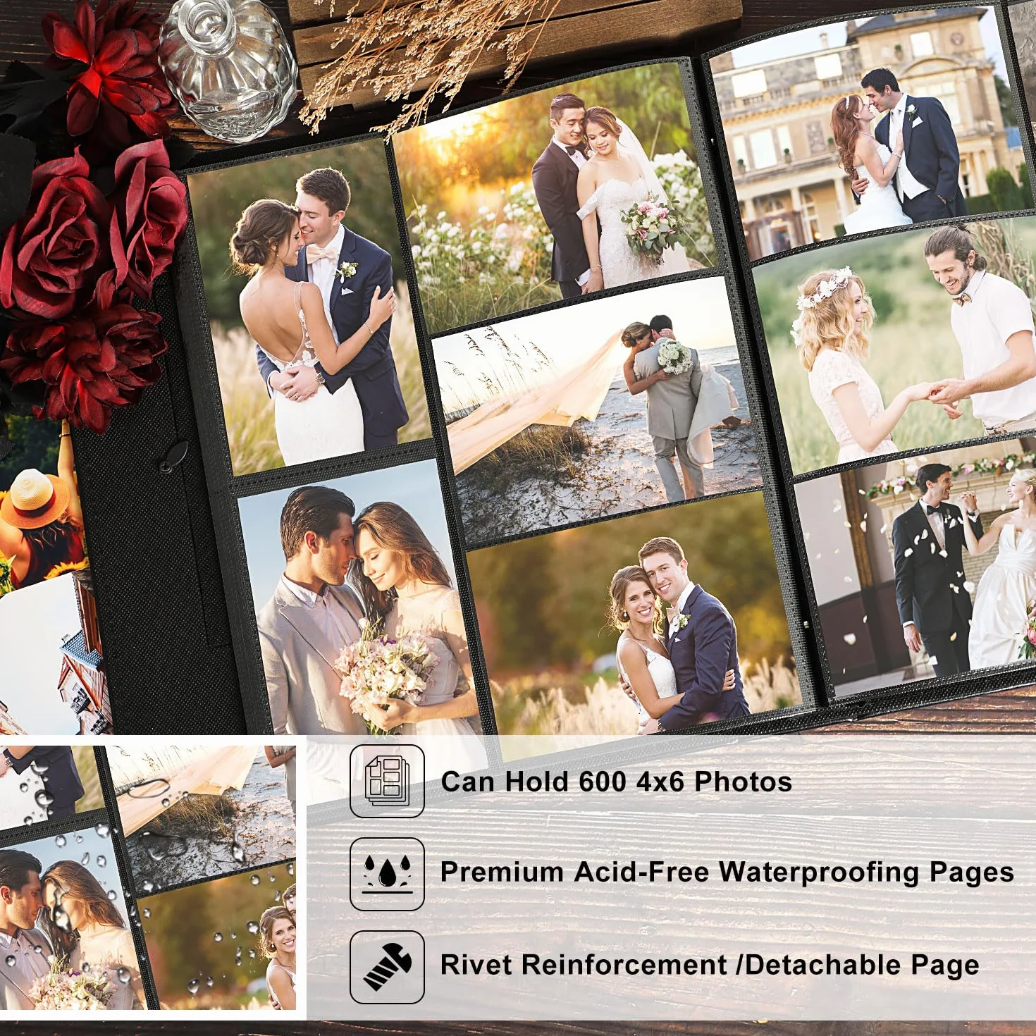 Album Photo Mariage 10x15cm 600 Poche Lin Tissu Fenêtre Mr & Mrs Beige
