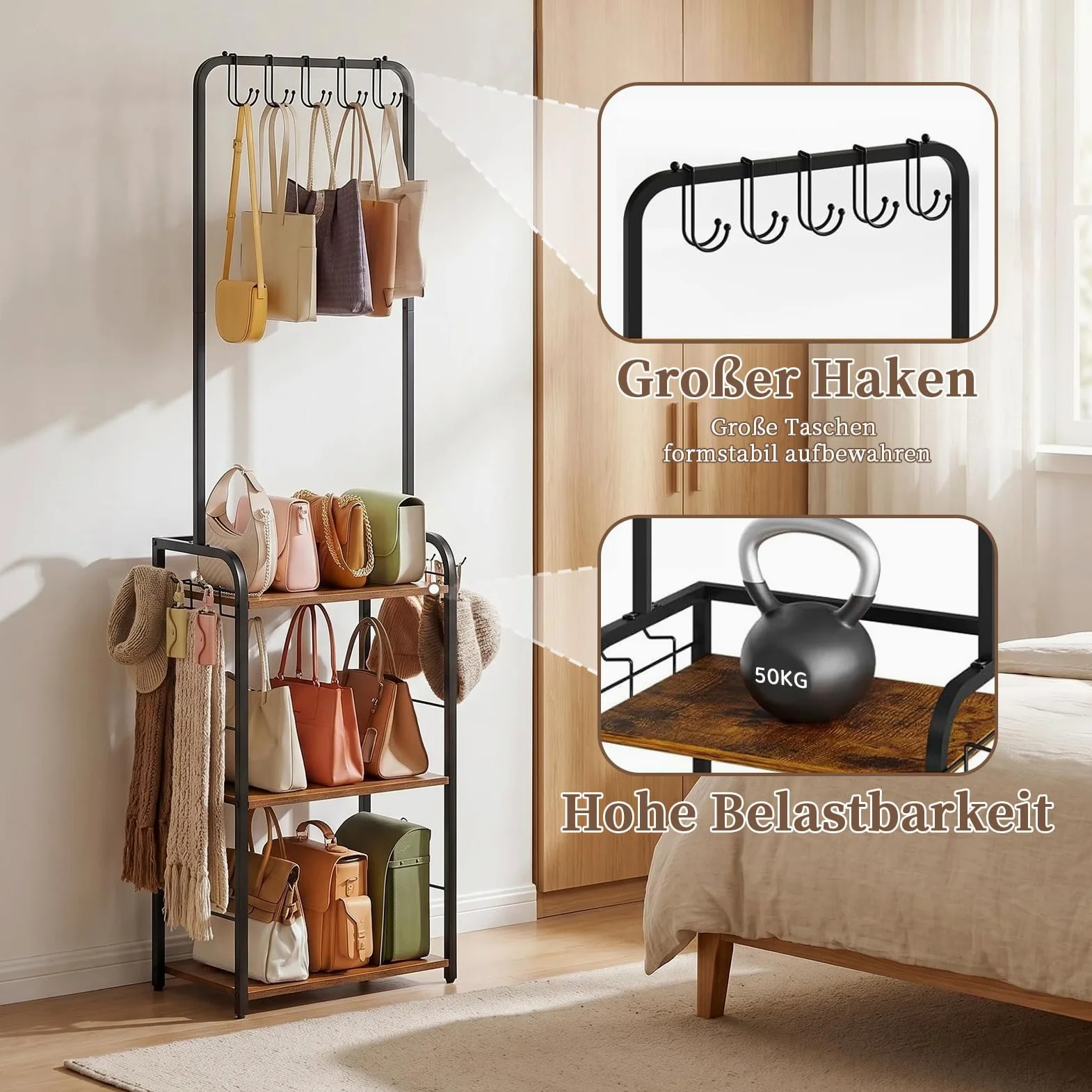 KZOBYD Organiseur de sac à main avec 3 étagères, crochets de suspension et crochets latéraux | Métal et bois, noir, sac de rangement étroit, pour chambre à coucher, couloir et dressing, 39 x 30 x 144 cm