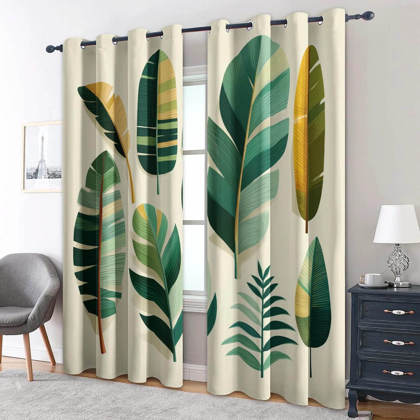 Rideau Occultant Feuille De Bananier, Feuilles Tropicales Motif Rideaux Thermiques à Oeillets, Rideaux Imprimé pour Salon Chambre Fenetre Moderne Décoration, 117x183 cm (L x H), Lot de 2