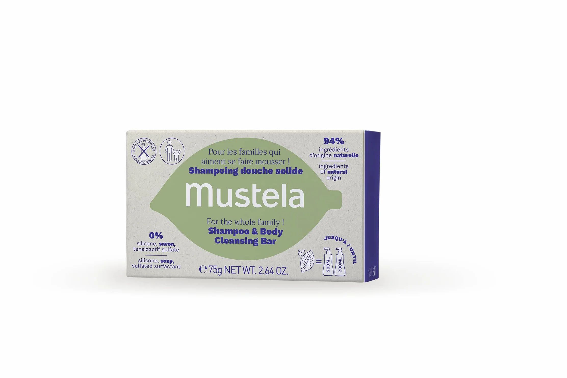 Mustela Shampooing Nettoyant Solide Vegan Huile Olive Avocat Corps Cheveux Enfants 3+ Famille 75g