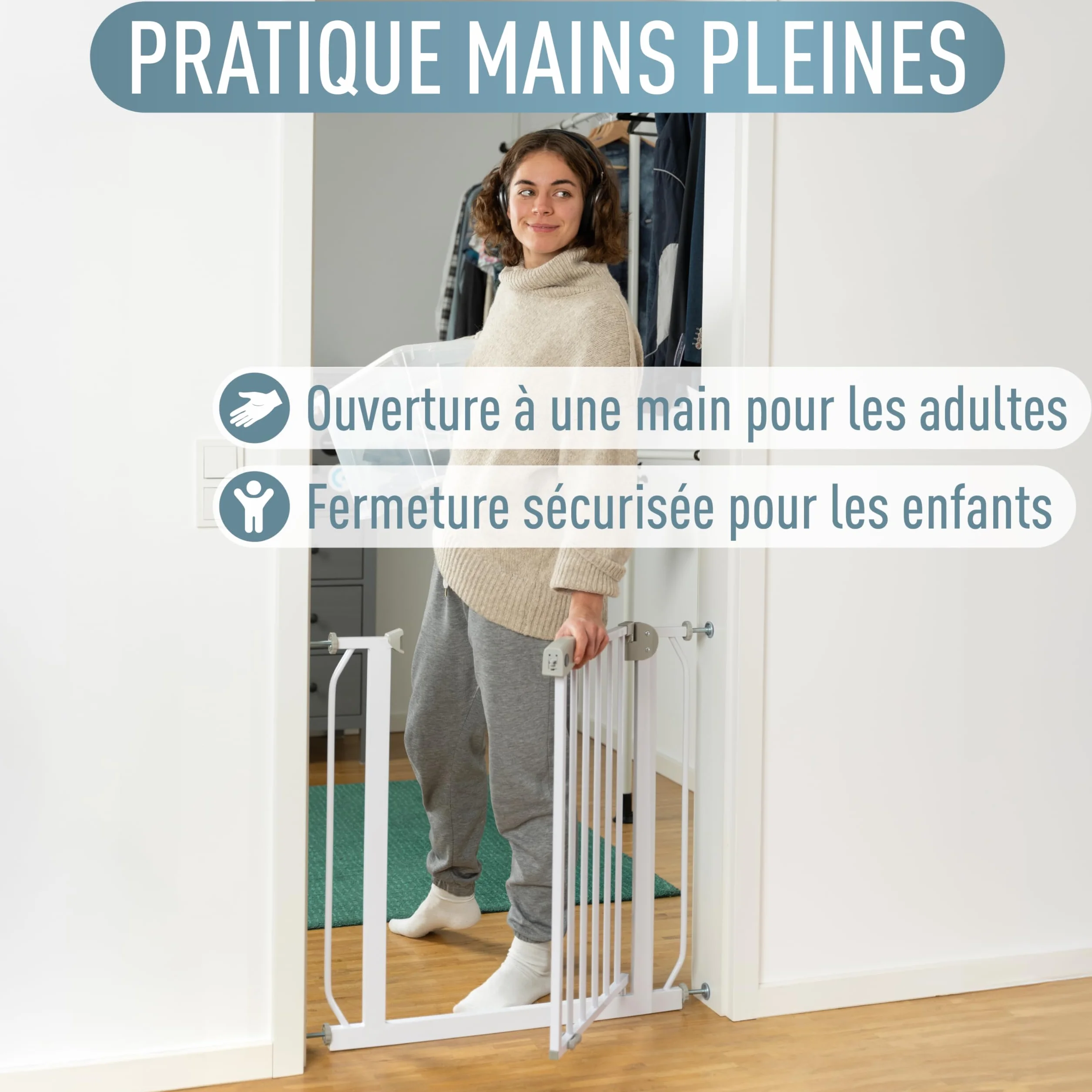 Barrière de Sécurité Berrin 58-185, sans Perçage, Fixation par Pression, pour Enfants 6-24 Mois, Blanc Gris, 85-95 cm