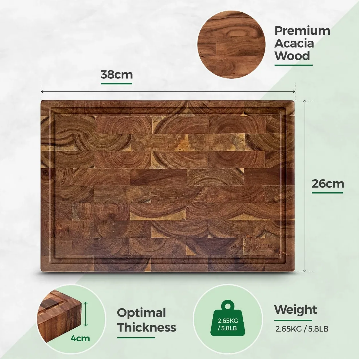 Planche à découper/de service en bois d'acacia de qualité supérieure Silk Route Home, 38 x 26 x 4 cm, résistante aux coupures, avec rainure anti-éclaboussures et repose-doigts