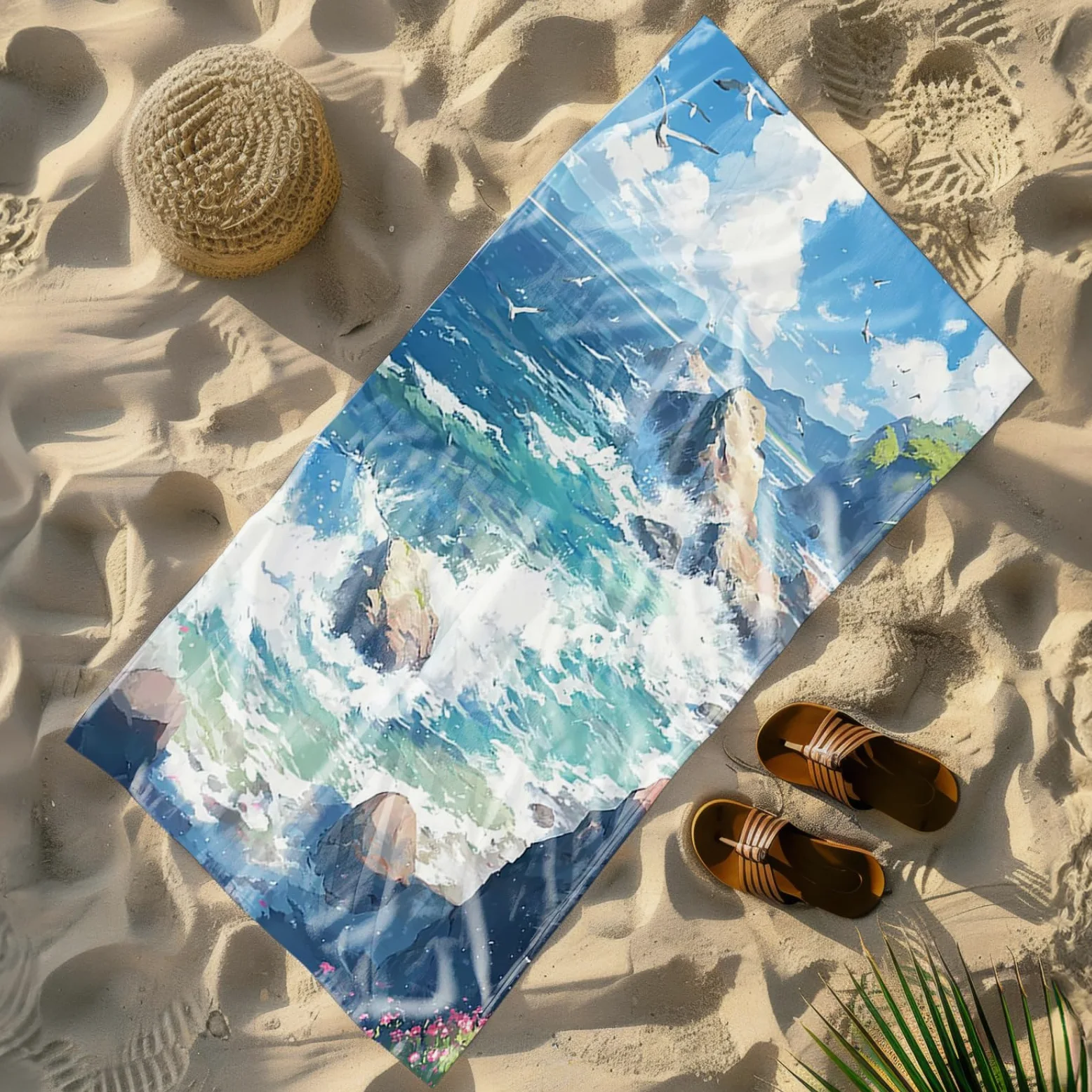 Tapis de Plage XXL Anti Sable Plage Seagull Bleu Serviette Piscine Adulte,Natte De Plage Pliable, Voyage Accessoires De Plage Camping,Serviette de Bain Personnalisée