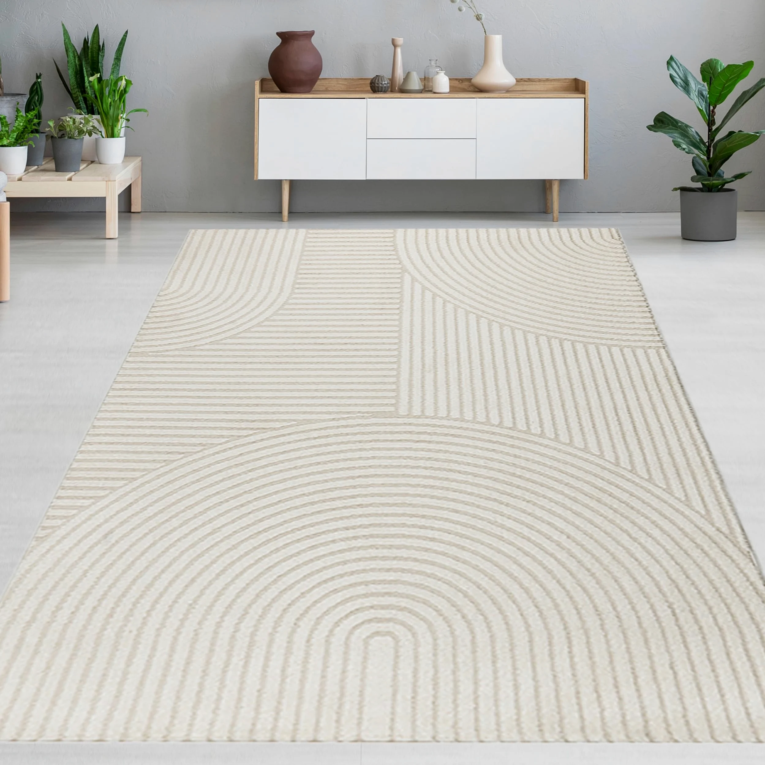 CARPETIA Tapis Salon Chambre Moderne Designer Tapis Effet Relief 3D Lignes Doux Unicolore Crème Clair 120 x 170 cm