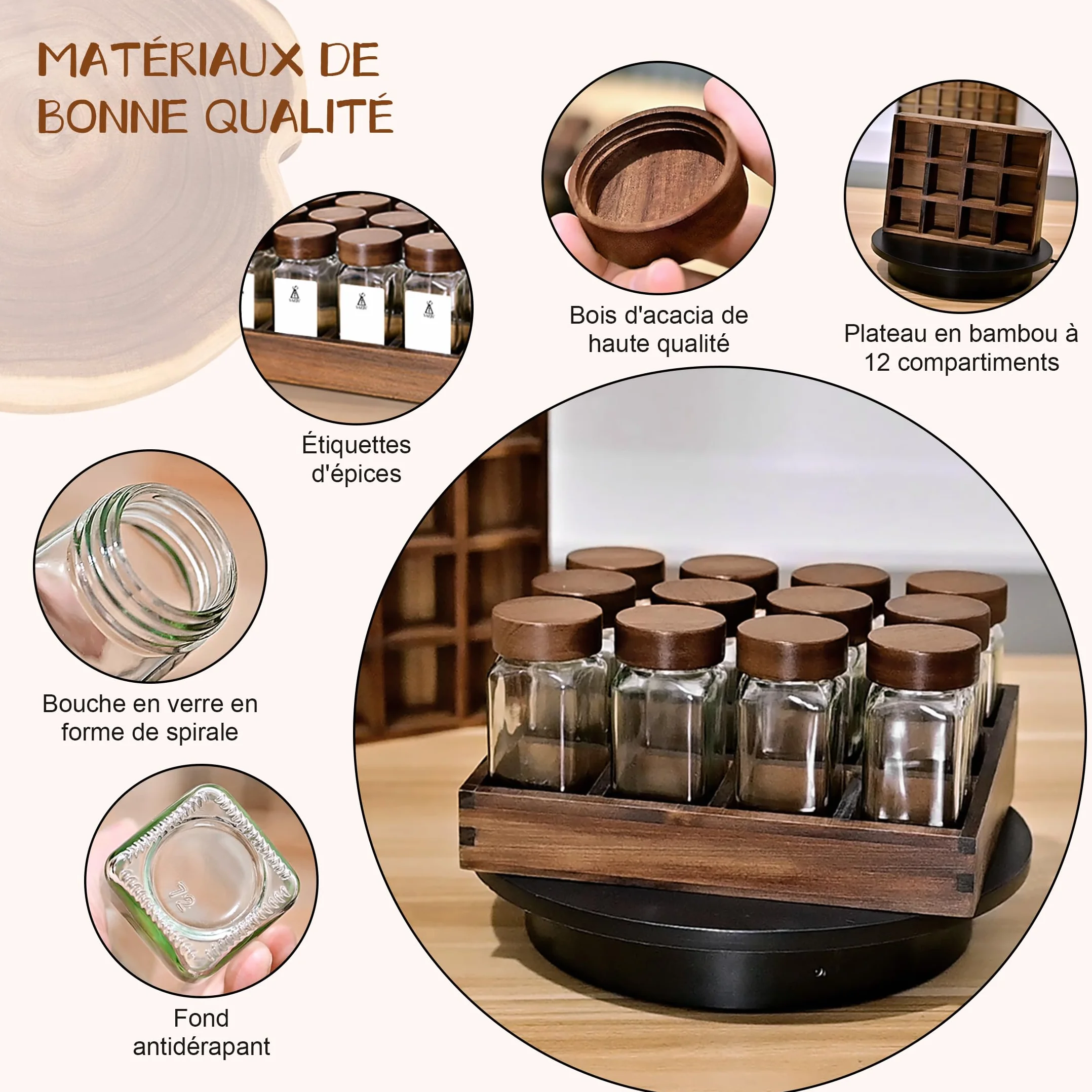 Pot à Épices en Verre et Bois 12 Pièces, Bocaux Borosilicaté Sans BPA, Plateau Acacia, Porte-Épices Hermétique