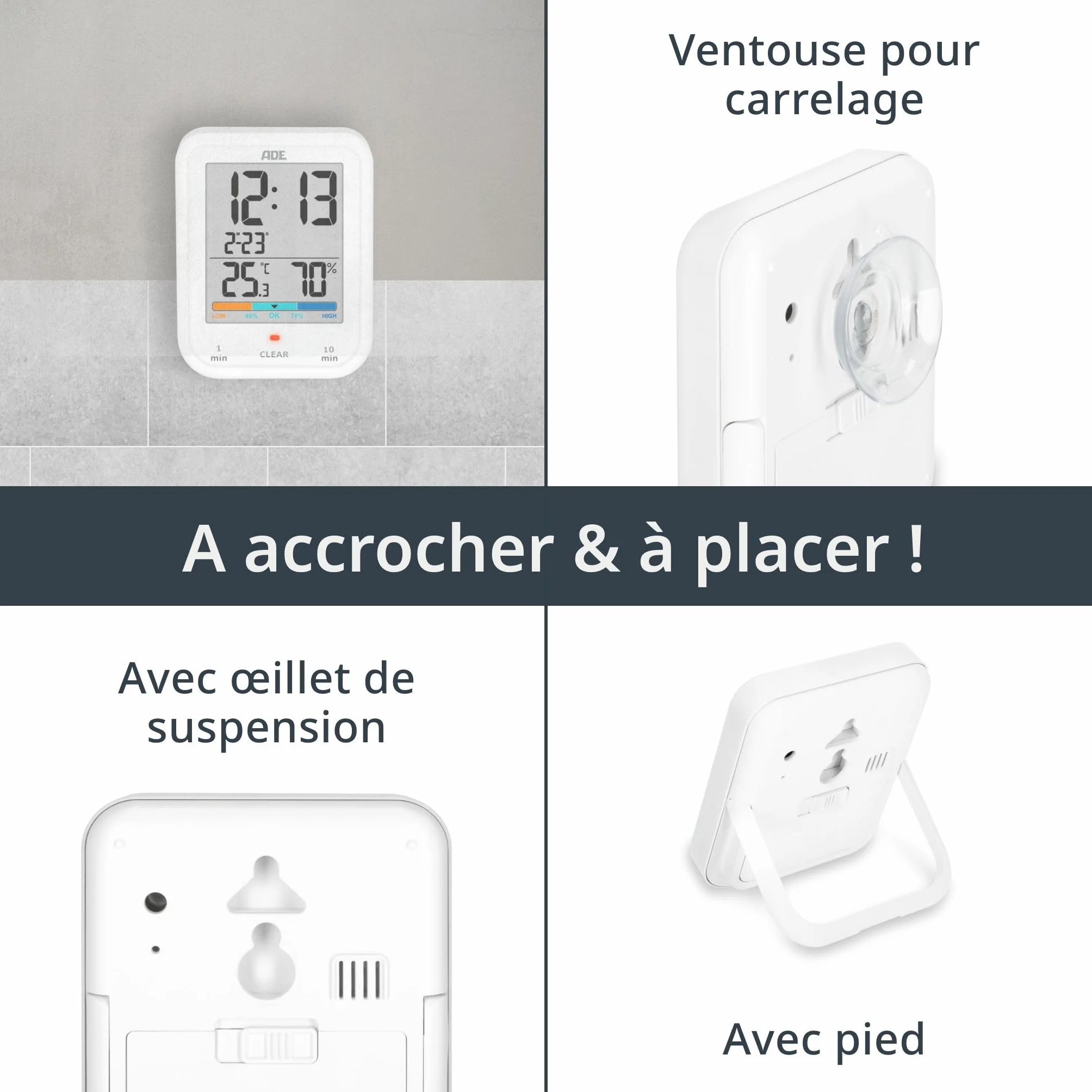 ADE Horloge de Salle de Bain Numérique avec Hygromètre et Thermomètre Étanche Grand Écran LCD