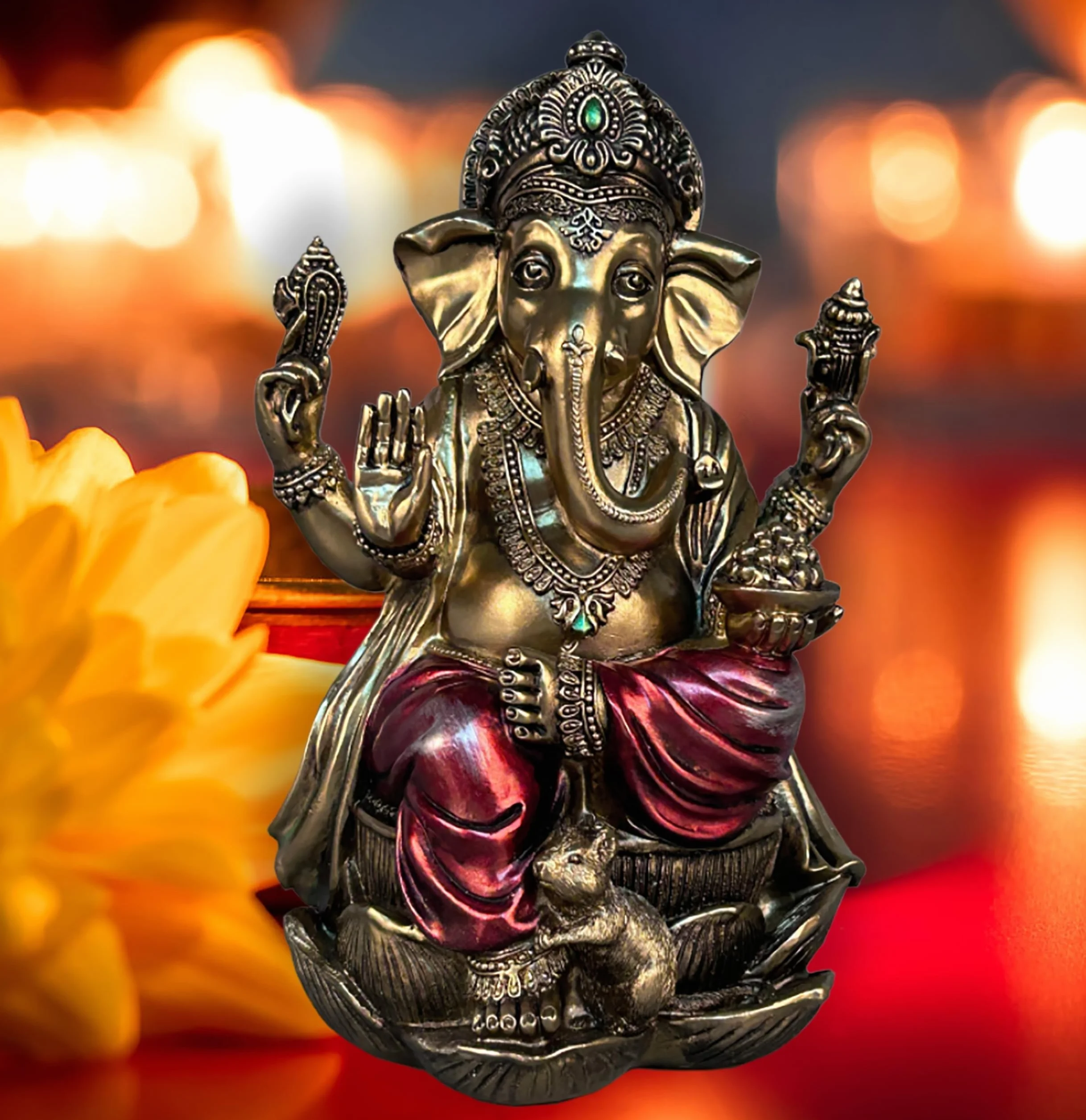 Statue de Ganesh Bouddha Assis sur un Lotus en Bronze Antique 18 cm