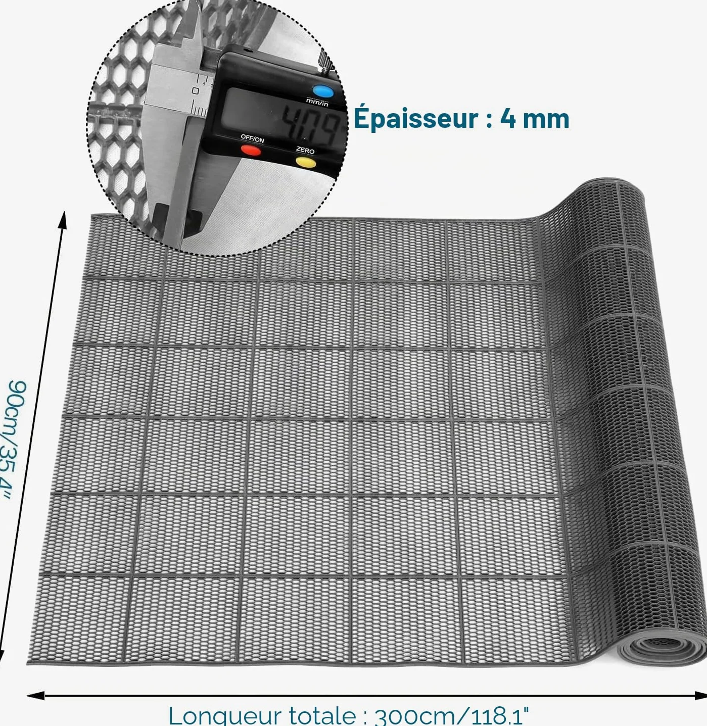 MYOYAY Tapis de sol antidérapant de 4 mm d'épaisseur, antidérapant, commercial, 90 x 300 cm, en PVC gris, rectangulaire, pour cuisine, piscine, douche, sauna, extérieur