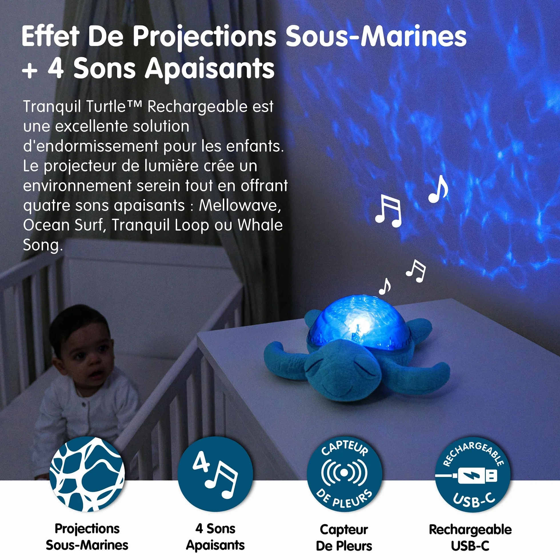 Cloud b Tranquil Turtle Aqua Veilleuse musicale et lumineuse tortue projecteur d’océan rechargeable