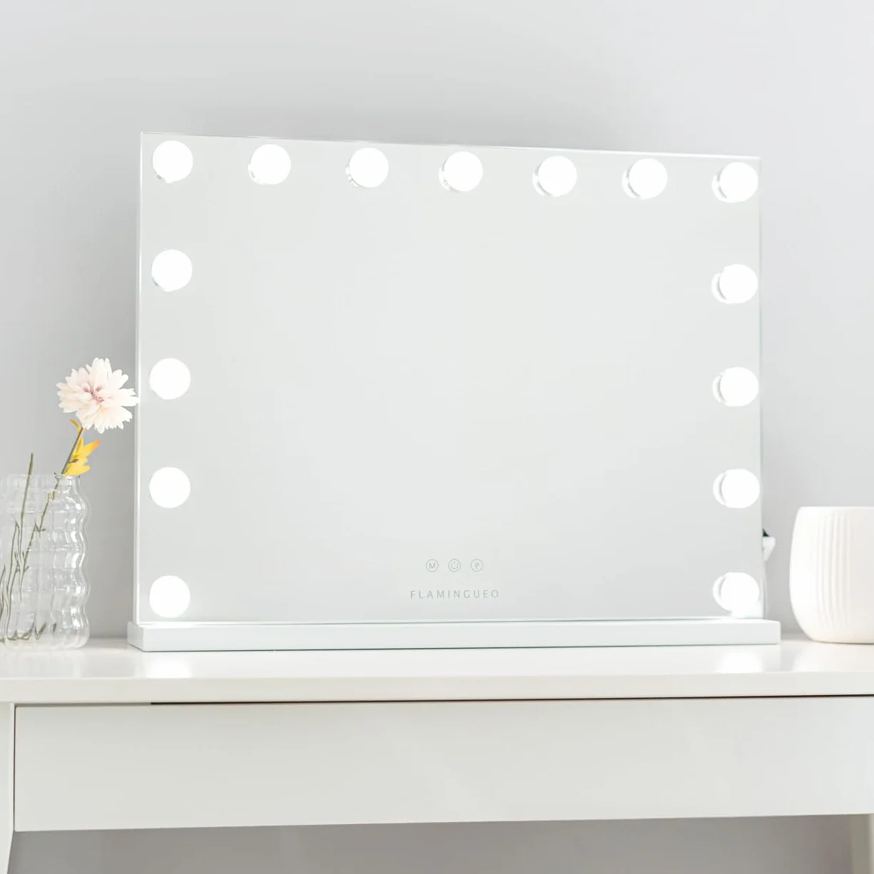 Flamingueo Miroir Coiffeuse Lumineux Bande LED 3 Modes Intensité Réglable Contrôle Tactile Blanc 58x12x43cm
