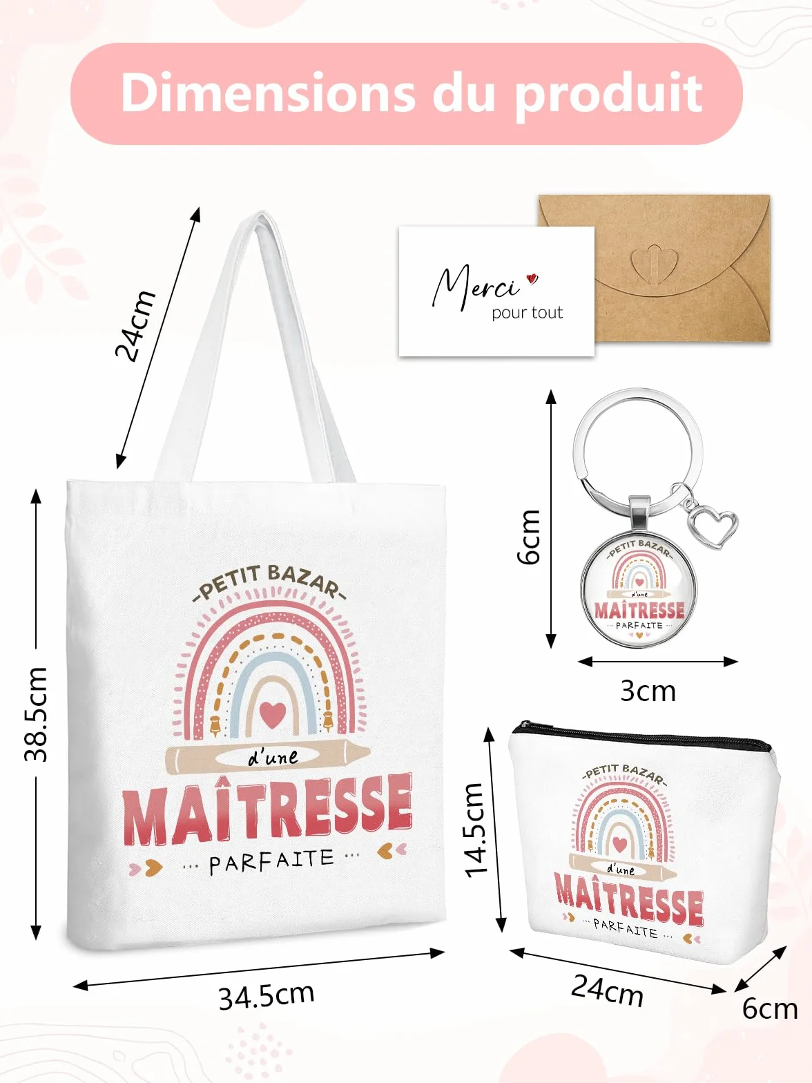 Sac Tote Bag Cadeau Maitresse D'école avec Porte Clés et Carte de Remerciement
