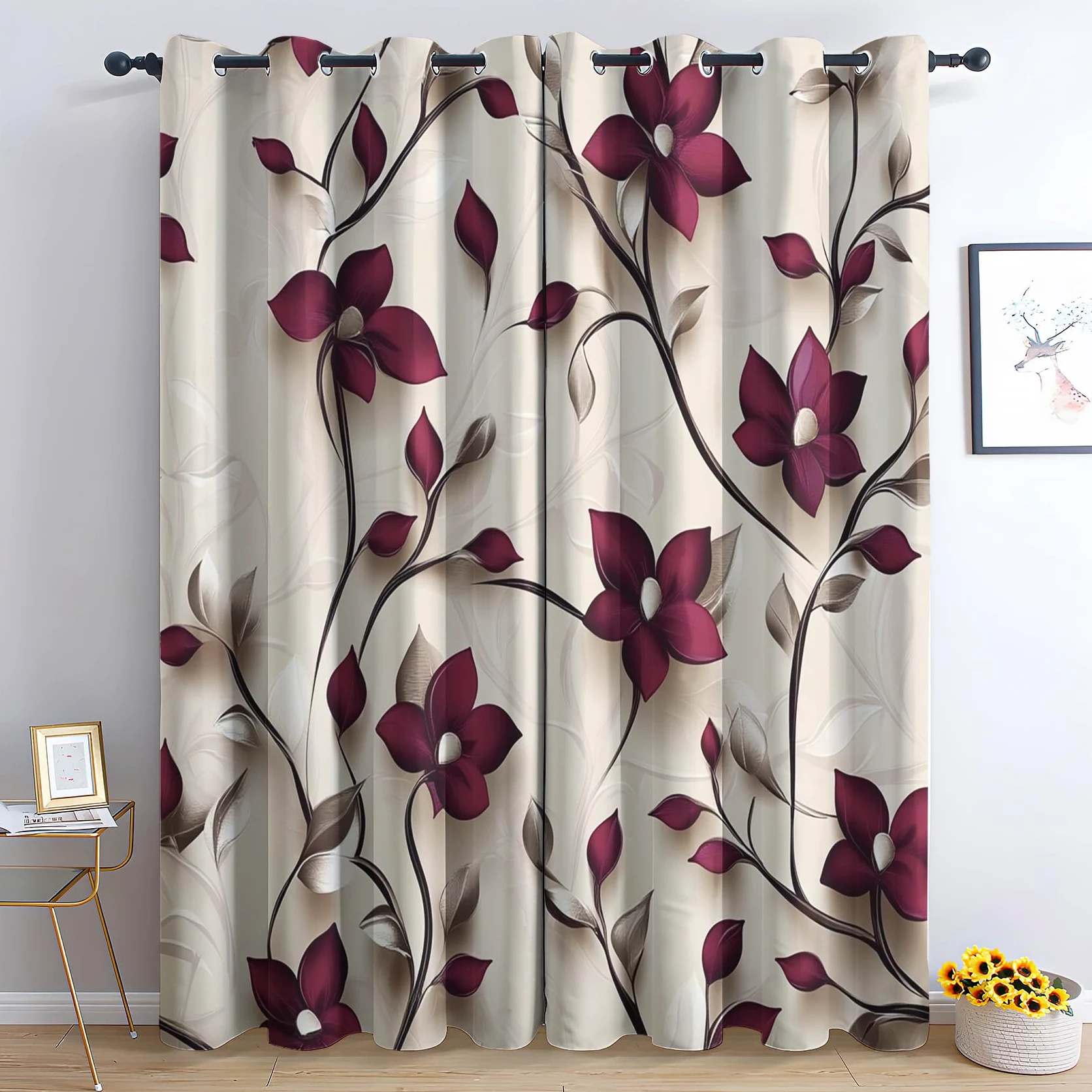 Rideau Occultant Bourgogne Floral - Rideaux Thermiques à Oeillets - Rideaux Imprimé Motif Vintage pour Salon Chambre Fenetre - Lot de 2 Rideaux et Draperies Intérieurs - 140x200 cm (L x H)