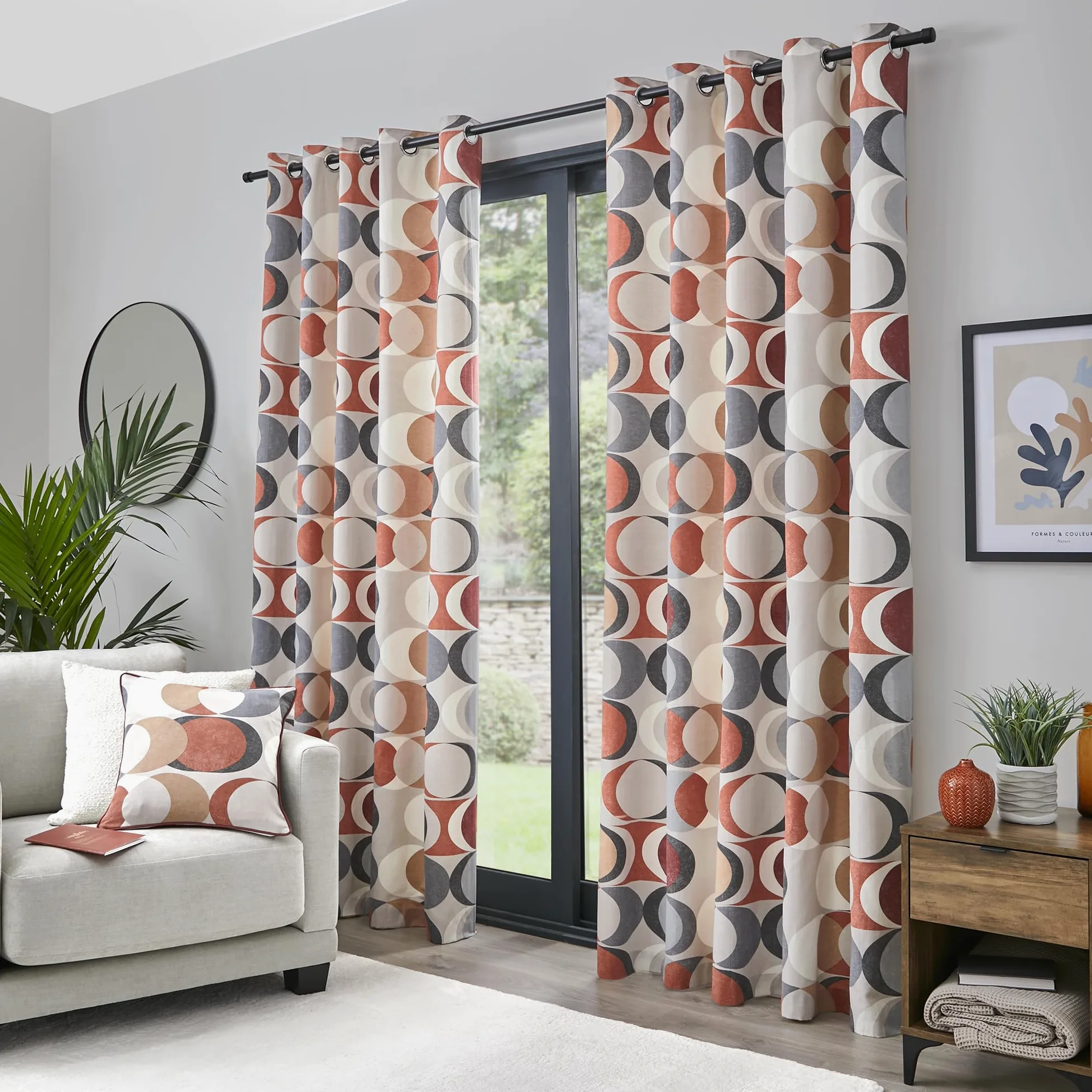 Fusion - Lot de 2 Rideaux 100% Coton - Motif Cercles vectoriels rétro - Motif Cercles géométriques - Terre Cuite - 168 x 183 cm - pour Chambre à Coucher et Salon