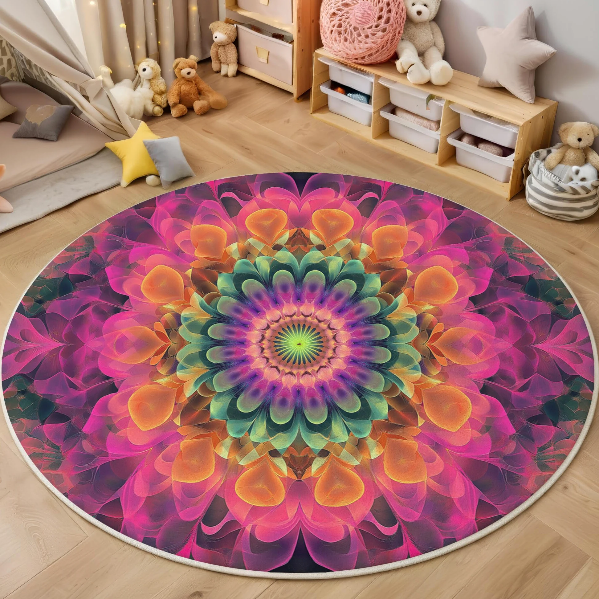 Rond Tapis Salon Rose Moquette 3D Mandala Tourbillonnant Chambre De Décoration Poil Ras Lavable en Machine Paillasson Art Psychédélique Antidérapant Salle A Manger Chambre Adulte,120Cm