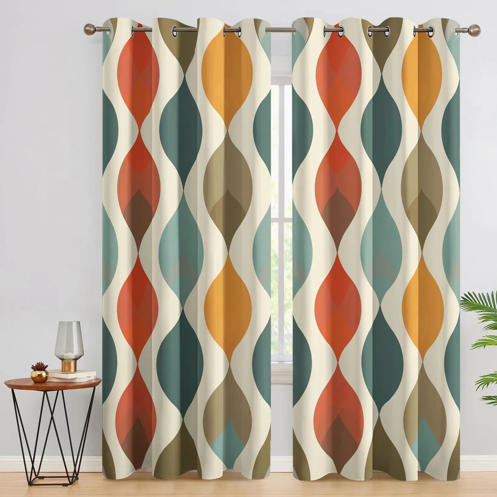 Rideaux Occultant Géométrique Médiéval, Rideau Isolant Thermique pour Salon Chambre, Rideaux Motif Moderne Colorée, Lot de 2 Rideaux Opaque à Oeillets 140x260cm LxH