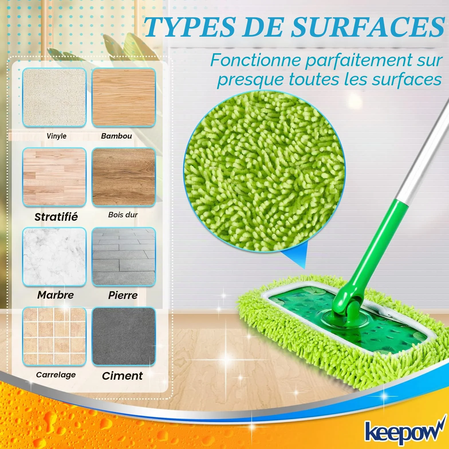 KEEPOW Chiffons Réutilisables Compatibles Swiffer Balai, Lavables, Microfibres pour Swiffer Sweeper Mop, Sec et Humide