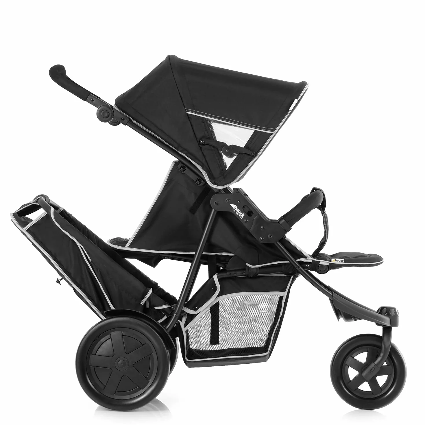 Hauck Freerider Poussette Double 3 Roues pour 2 Enfants Noir - Siège Inclinable, Charge 15 kg, Poignée Réglable, Habillage Pluie Inclus