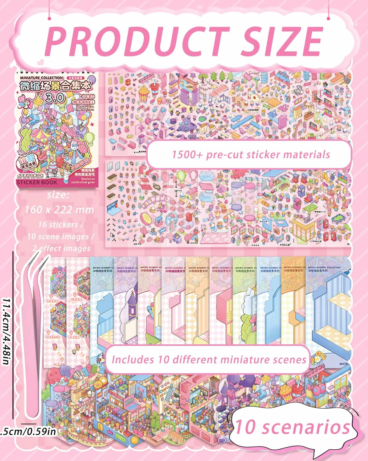Stickers Scene Autocollant 3D de Scène, Ensemble de 10 Pièces avec Pincette, Miniature Autocollants pour Adultes et Enfants
