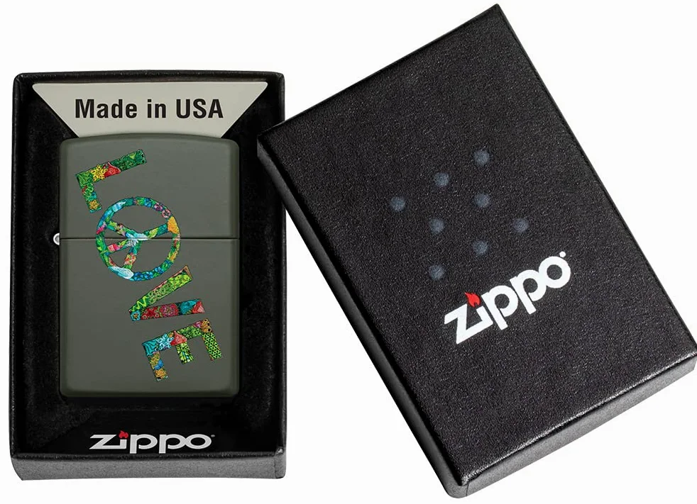 Zippo Briquet Tempête - Love Peace Nature - Finition Verte Mate avec Color Image - Rechargeable - Réutilisable - Design Coupe-Vent - Coffret Cadeau - Fabriqué aux États-Unis