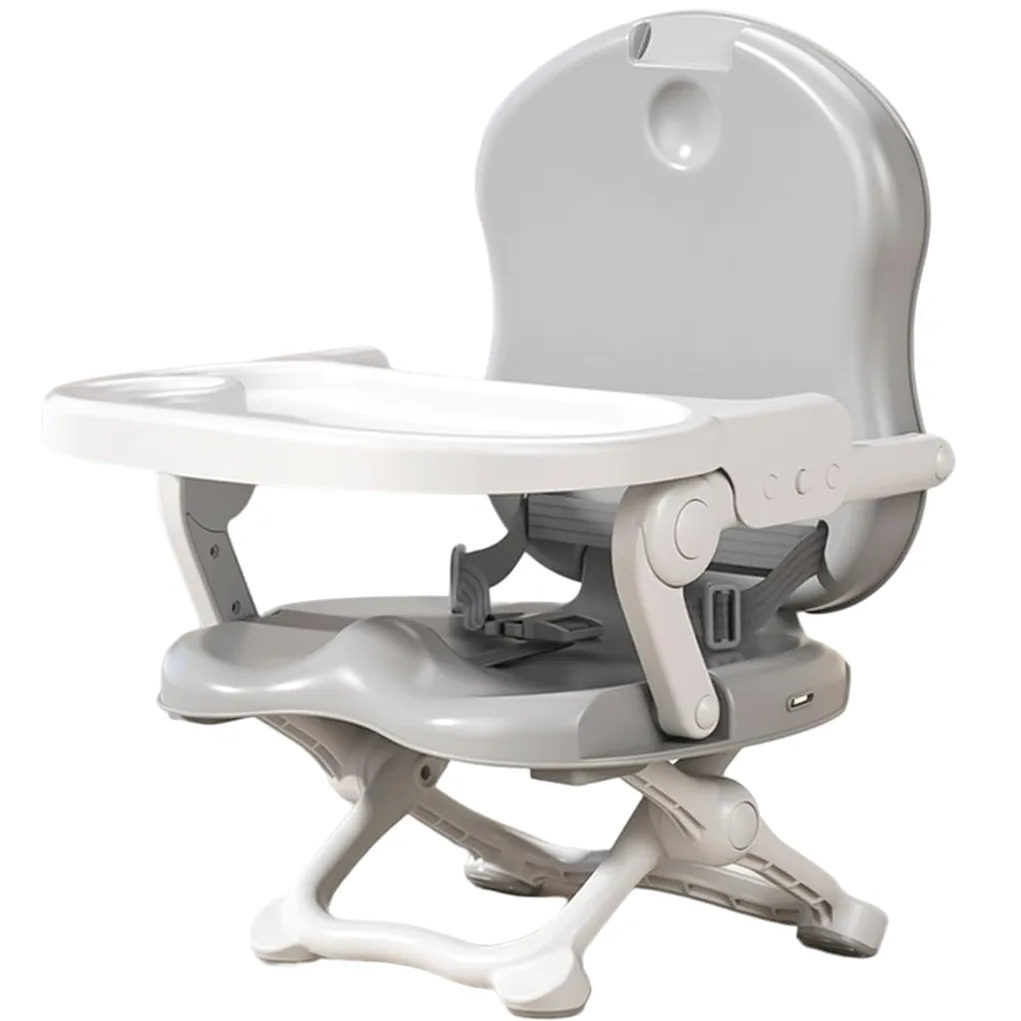 Chaise haute portable pliable rehausseur gris | Pliable pour les voyages, deux plateaux en plastique, adapté aux tout-petits, idéal pour une utilisation en extérieur